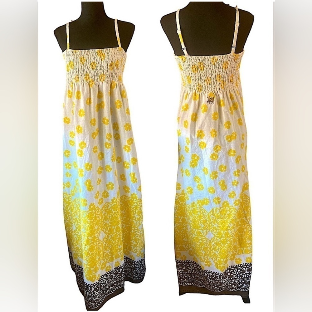 Vintage Roxy Maxi Sundress Yellow White Brown Floral Smocked Cotton Size Small - Picture 2 of 5